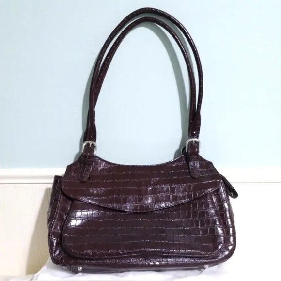 NEW MAXX New York Chestnut Red 100% Croco Embossed Leather Shoulder Bag Purse - Picture 2 of 16